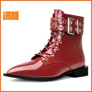 Chunky Low Heel Ankle Boots with Buckle Eyelet Zipper Pointy Toe